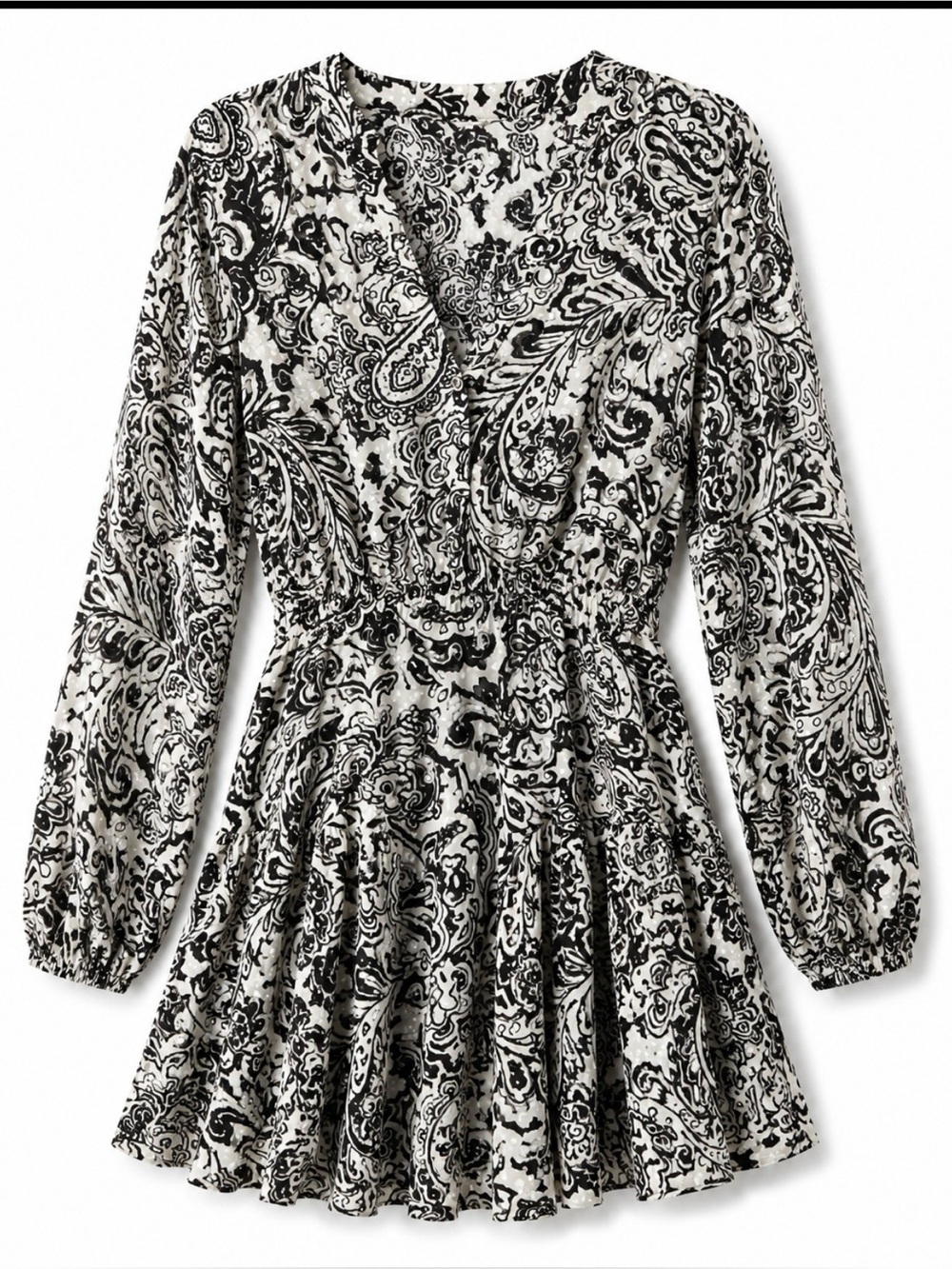 Zara Black and White Paisley Long-Sleeve Wrap Dress